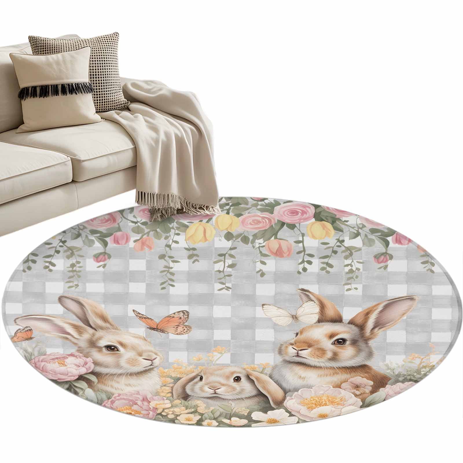 Easter Rabbits Washable Round Area Rug 4 ft, Pink Flower Hydrangea ...