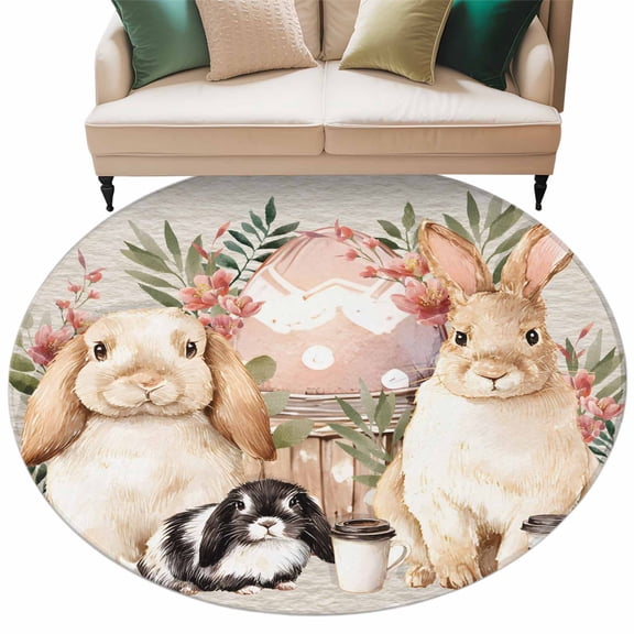 Easter Rabbits Washable Round Area Rug 6 ft, Watercolor Bunny Eggs Coffee Cups Linen Texture, Soft Non Slip Rugs Stain Repellent Indoor Felt Carpet for Living Dining Room Bedroom Home Office