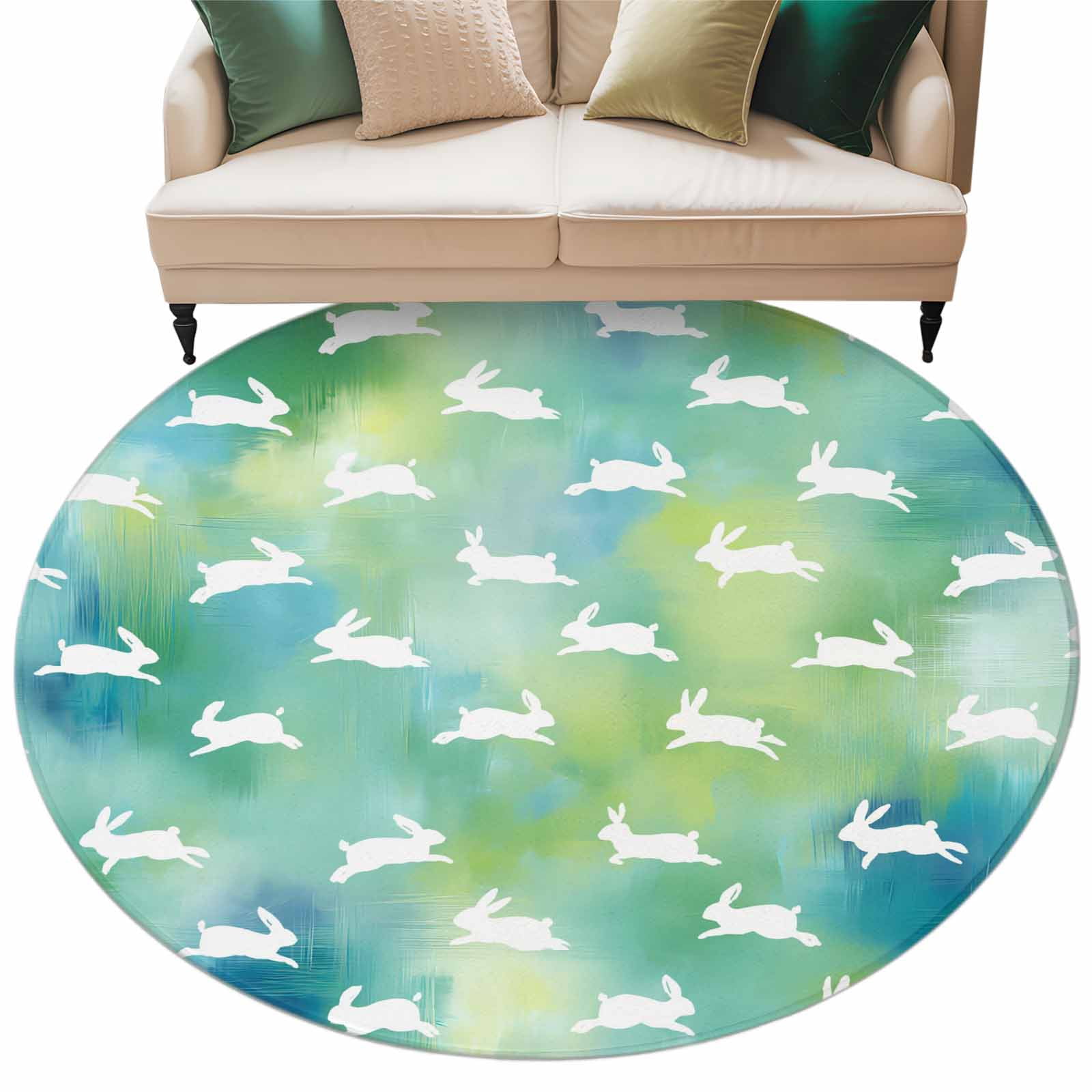 Easter Rabbits Washable Round Area Rug 7 ft, Abstract White Bunny ...