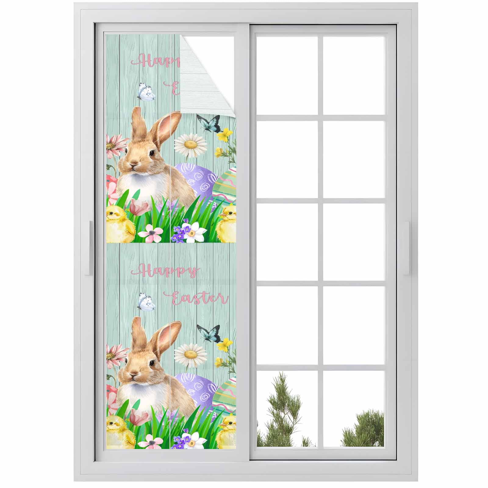 Easter Rabbits Window Privacy Film, Colorful Eggs Floral Grass ...