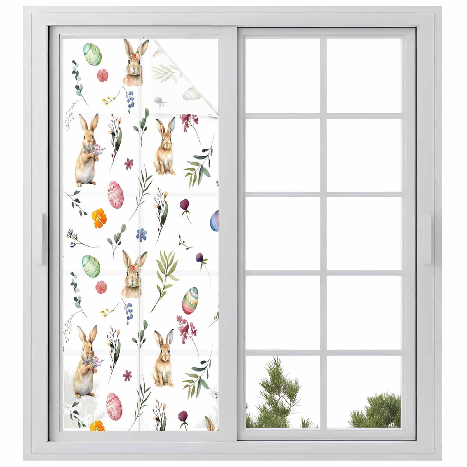 Easter Rabbits Window Privacy Film, Colorful Eggs Leaf Floral Spring Frosted Glass Window Clings Static Cling UV Heat Blocking Reusable Door Sticker for Bathroom 23.6 x 59 Inch