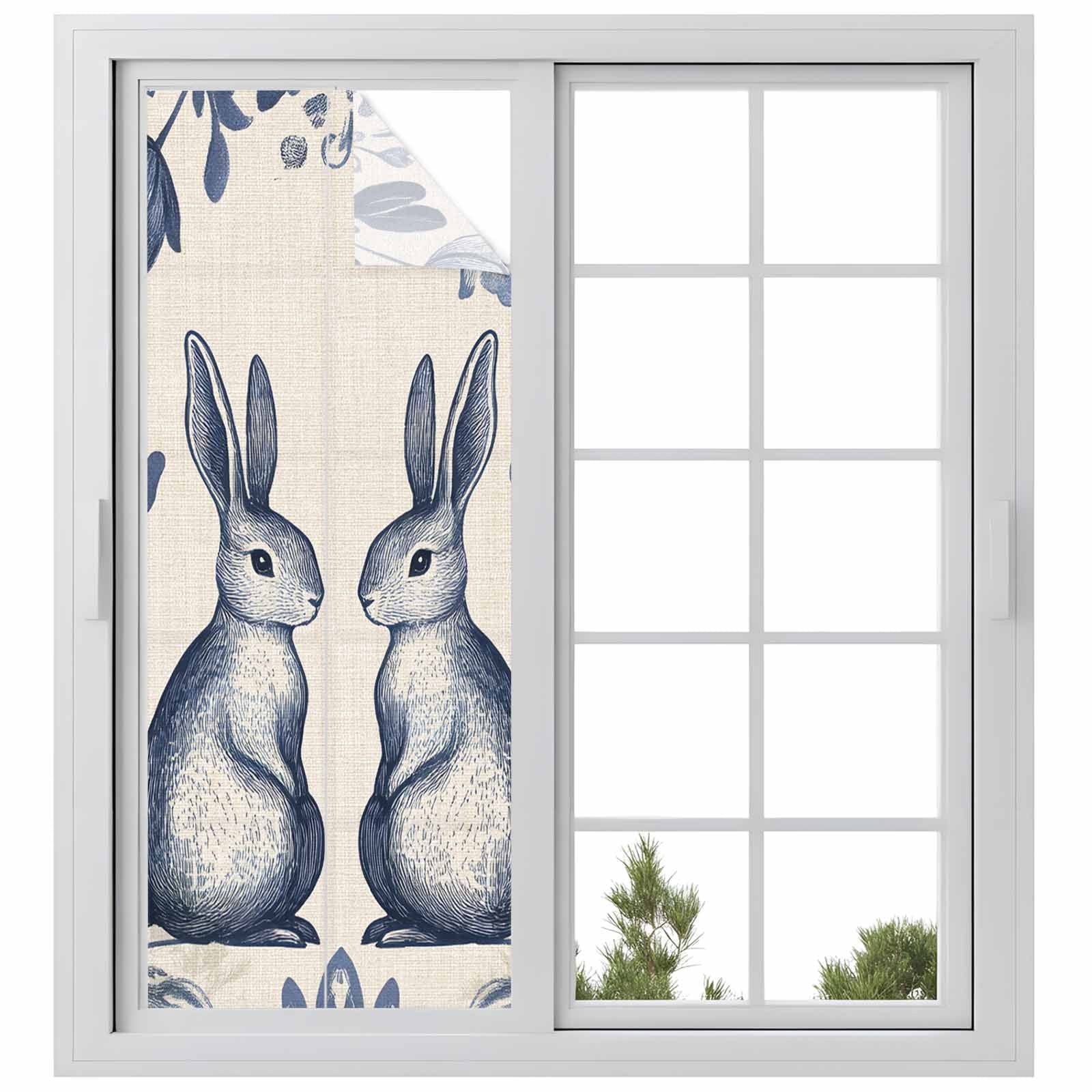 Easter Rabbits Window Privacy Film, Cute Blue Bunny Watercolor Boho Floral Leaf Linen Texture Frosted Glass Window Clings Static Cling UV Heat Blocking Reusable Sticker for Bedroom 29.5x78.7 Inch