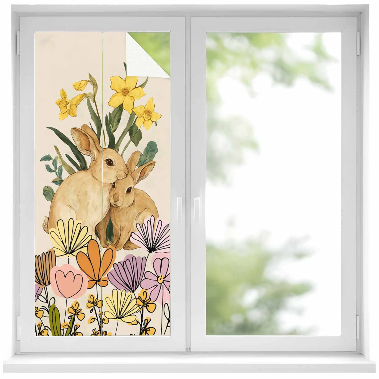 Spring Classroom Window Rabbit Easter Rabbits Window Privacy Film, Spring Floral Leaf Bunny Beige ...