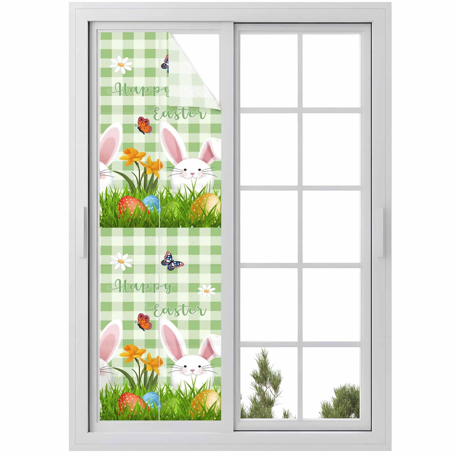 Easter Rabbits Window Privacy Film, Spring Floral Plant Red Blue Yellow ...