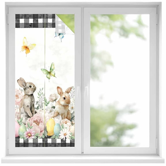 Easter Rabbits Window Privacy Film, Watercolor Rabbits Floral Eggs Butterfly Frosted Glass Window Clings Static Cling UV Heat Blocking Reusable Door Sticker for Bathroom 17.7 x 39.3 Inch
