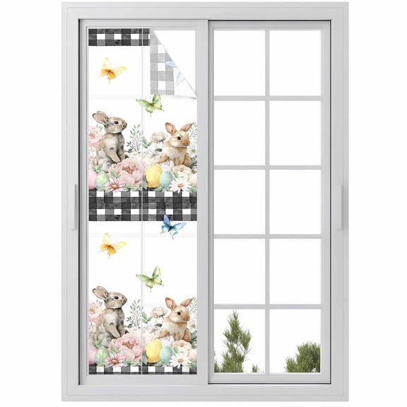 Easter Rabbits Window Privacy Film, Watercolor Rabbits Floral Eggs Butterfly Frosted Glass Window Clings Static Cling UV Heat Blocking Reusable Door Sticker for Bathroom 29.5 x 118 Inch