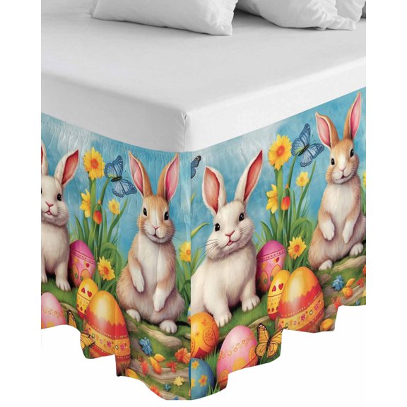 Easter Rabbits,Wrap Around Bed Skirts for King Bed 18" Drop,Bed Skirt with Adjustable Elastic Belt Dust Ruffle Bed Valance for Bedroom Hotel Luxury Easter Bunny Egg Watercolor Floral Bed Frame Cover