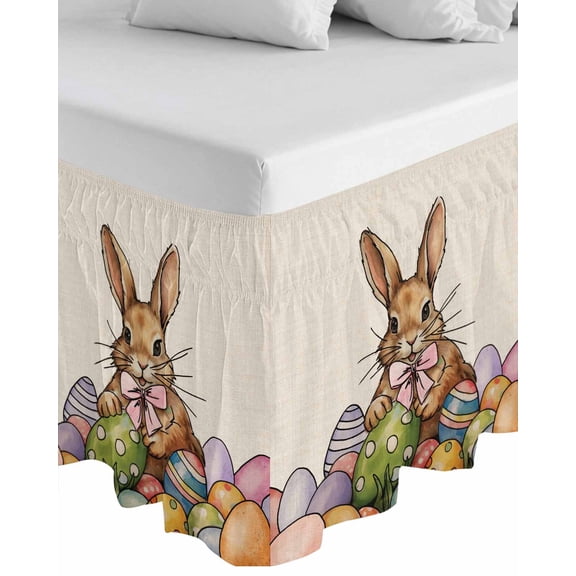 Easter Rabbits,Wrap Around Bed Skirts for Queen Bed 16" Drop,Bed Skirt with Adjustable Elastic Belt Dust Ruffle Bed Valance for Bedroom Hotel Easter Bunny Farmhouse Country Eggs Bed Frame Cover