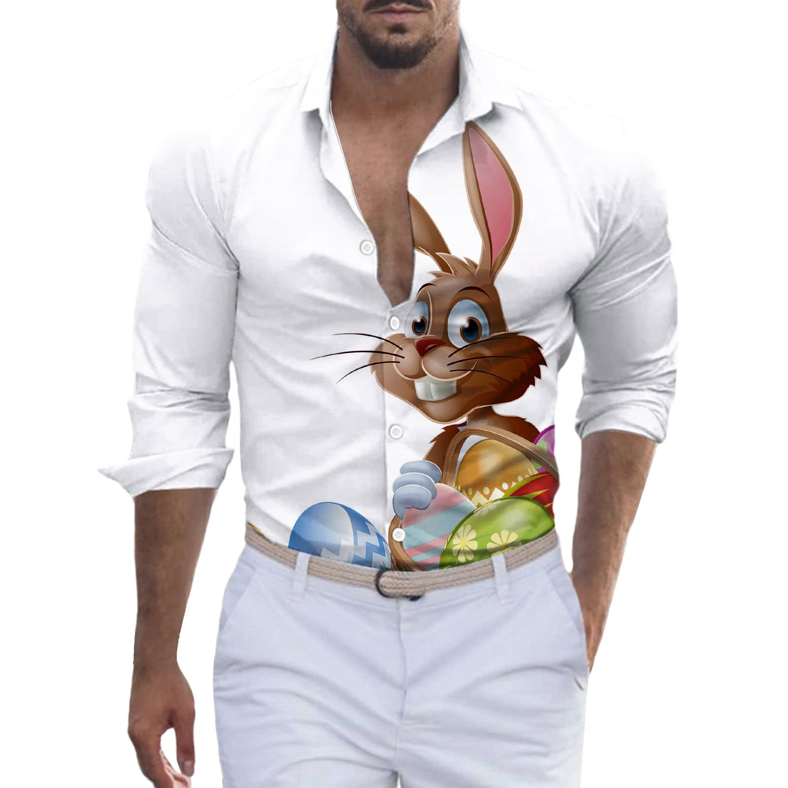Easter Rabbits and Eggs Print Men Casual Button Down Long Sleeve Shirts