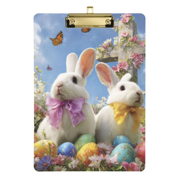 Easter Rabbits with Bows Eggs Cross Flowers Acrylic Clipboard Drawing Board with Hook Writing Pad File Storage A4 Size Gold 12.5" x 9"