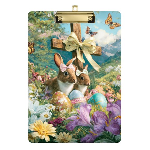 Easter Rabbits with Cross on Flower Field Acrylic Clipboard Drawing Board with Hook Writing Pad File Storage A4 Size Gold 12.5" x 9"