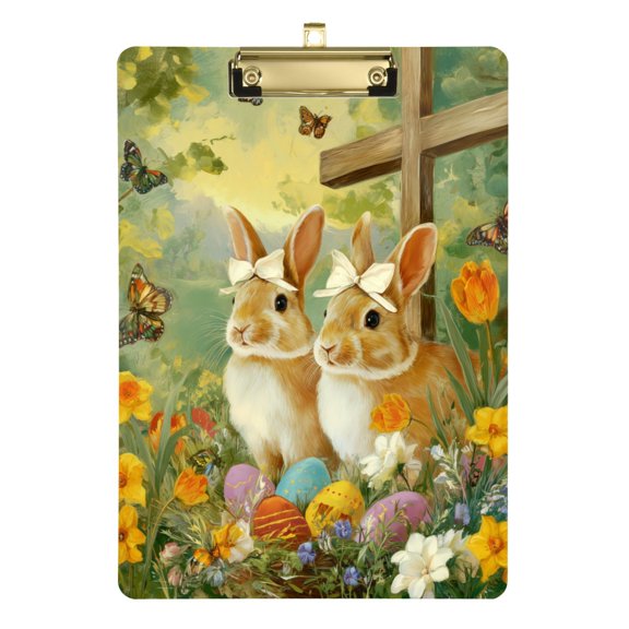 Easter Rabbits with Tulips Ahead Cross Acrylic Clipboard Drawing Board with Hook Writing Pad File Storage A4 Size Gold 12.5" x 9"