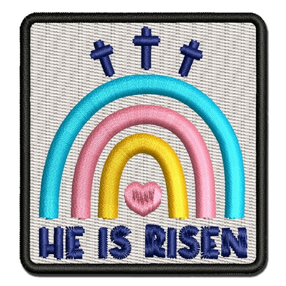 Easter Rainbow He is Risen Three Crosses Applique Multi-Color Embroidered Iron-On Patch - 2.5 Inch Small