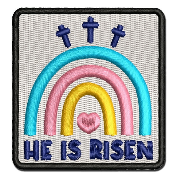 Easter Rainbow He is Risen Three Crosses Applique Multi-Color Embroidered Iron-On Patch - 3 Inch Medium