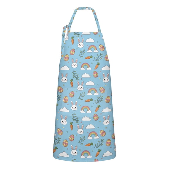 Easter and Rainbows Blue Pattern Apron with Pockets, Cotton Linen Waterproof Adjustable Apron for Women, Kitchen Cooking Gardening BBQ Salon Apron, 33x27 Inch