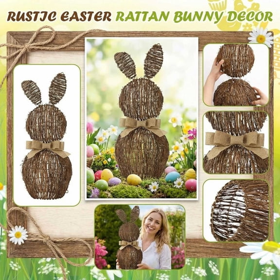 Easter Rattan Bunny with Bow Easter Decor, 23.6" Table Wicker Bunny Easter Decorations Spring Bunnies Decoration Statue Figurine Rattan Rabbit Farmhouse Decor for Home Table Kitchen Porch