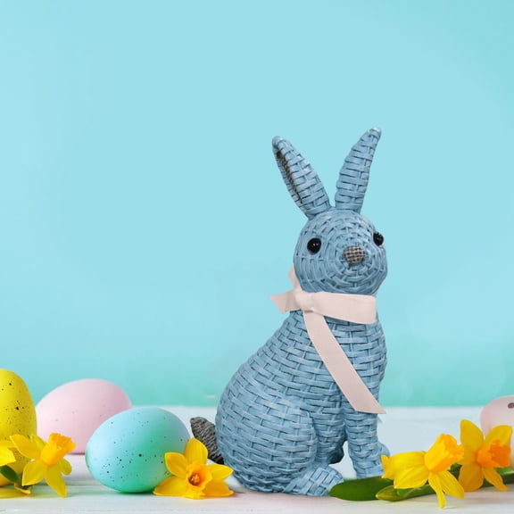 Easter Rattan Rabbit Figurine Decoration Spring Rabbit Desktop Ornament Retro Sitting Rabbit Statue with Ribbon Bow Rabbit Figure Statue Party Sculpture Supplies or Table Centerpieces Gift(Blue)