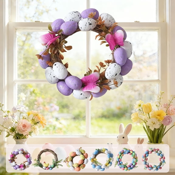 Easter Egg Wreath Rattan Decor, Easter Egg Garland for Easter Party Decorations, Spring Holiday Wreath for Front Door Welcome, Easter Basket Decoration for Family Gathering and Seasonal Akmoler