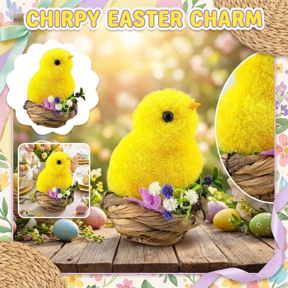 Easter Realistic Resin Chick Figurines in Straw Basket - Farm Animal Easter Decor Set for Rustic Table Centerpiece, Shelf Display and Spring Home Decoration