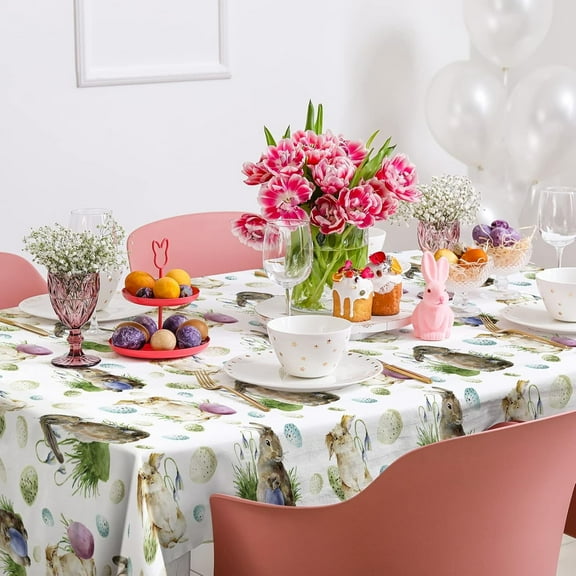Easter Rectangle Tablecloth 60 x 102 Inch Watercolor Easter Bunny Rabbit Egg Table Cover Spring Holiday Fabric Table Cloth for Picnic Birthday Baby Shower Dinner Table Decoration