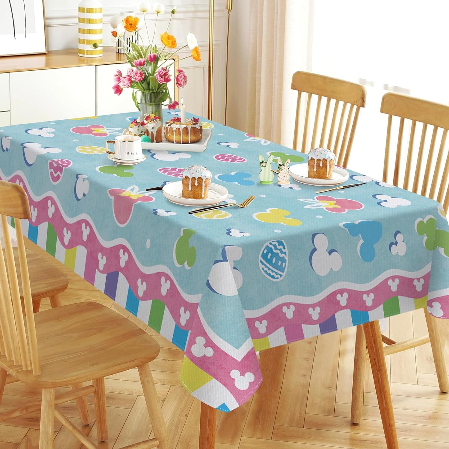 Easter Tablecloth 60x84 Inch – Spring Flower Bunny Buffalo Plaid Rectangle Dining Table Cover - View #2