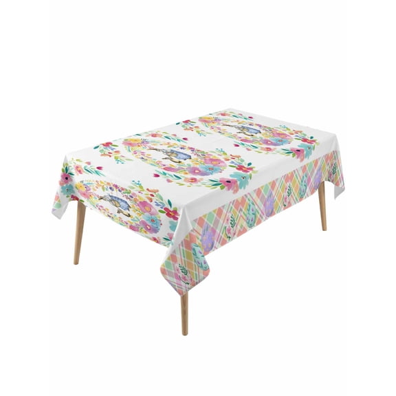 Easter Rectangle Tablecloth, Colorful Checkered Spring Bunny Flower Eggs Striped Waterproof & StainResistant Tablecloth, Washable Oil-proof Table Cover for Dining/Party/Wedding/Buffet 60x120 In