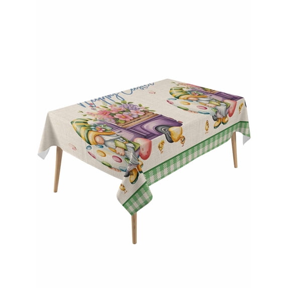 Easter Rectangle Tablecloth, Green Gnomes Eggs Flowers Purple Truck Plaid Waterproof & StainResistant Tablecloth, Washable Oil-proof Table Cover for Dining/Party/Wedding/Camping/Buffet 60x120 In