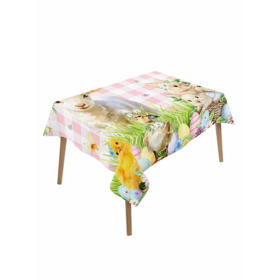 Easter Rectangle Tablecloth, Rabbit Sheep Eggs Butterfly Flowers Pink Grid Waterproof & StainResistant Tablecloth, Washable Oil-proof Table Cover for Dining/Party/Wedding/Camping/Buffet 60x84 In