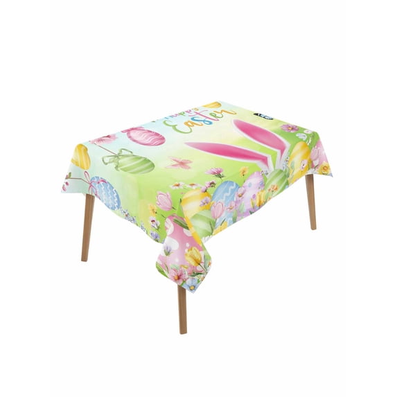 Easter Rectangle Tablecloth, Spring Bunny Colorful Rabbit Eggs Butterfly Blue Green Waterproof & StainResistant Tablecloth, Washable Oil-proof Table Cover for Dining/Party/Wedding/Buffet 60x84 In