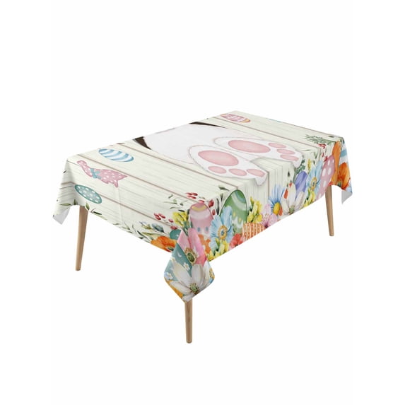 Easter Rectangle Tablecloth, Spring Farmhouse Watercolor Bunny Eggs Wood Grain Waterproof & StainResistant Tablecloth, Washable Oil-proof Table Cover for Dining/Party/Wedding/Camping/Buffet 54x108 In