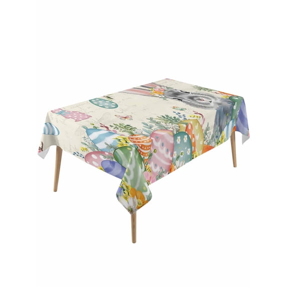 Easter Rectangle Tablecloth, Spring Grey Bunny Colorful Eggs Tree Butterfly Waterproof & StainResistant Tablecloth, Washable Oil-proof Table Cover for Dining/Party/Wedding/Camping/Buffet 54x108 In