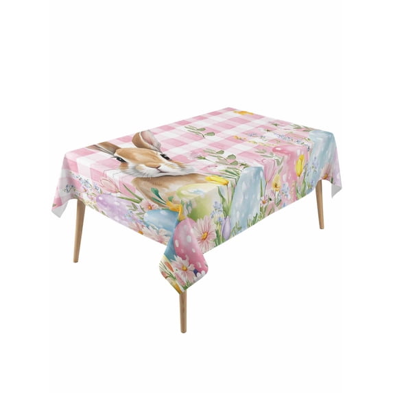 Easter Rectangle Tablecloth, Spring Rabbit Eggs Nature Botanicals Pink Plaid Waterproof & StainResistant Tablecloth, Washable Oil-proof Table Cover for Dining/Party/Wedding/Camping/Buffet 60x120 In