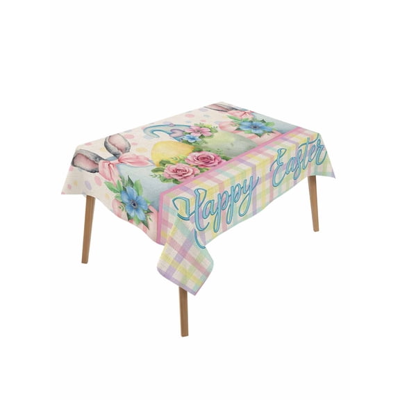 Easter Rectangle Tablecloth, Vintage Colorful Bunny Eggs Flowers Polka Dot Plaid Waterproof & StainResistant Tablecloth, Washable Oil-proof Table Cover for Dining/Party/Wedding/Buffet 52x70 In