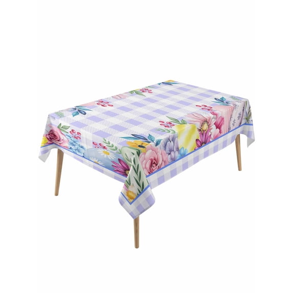 Easter Rectangle Tablecloth, Watercolor Eggs Flowers Berry Plants Purple Plaid Waterproof & StainResistant Tablecloth, Washable Oil-proof Table Cover for Dining/Party/Wedding/Camping/Buffet 60x120 In