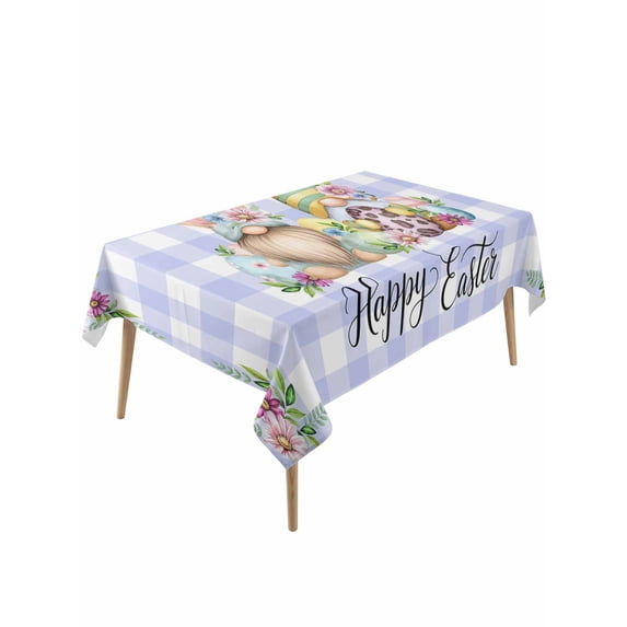 Easter Rectangle Tablecloth, Watercolor Gnomes Eggs Daisy Flower Light Purple Plaid Waterproof & StainResistant Tablecloth, Washable Oil-proof Table Cover for Dining/Party/Wedding/Buffet 54x108 In