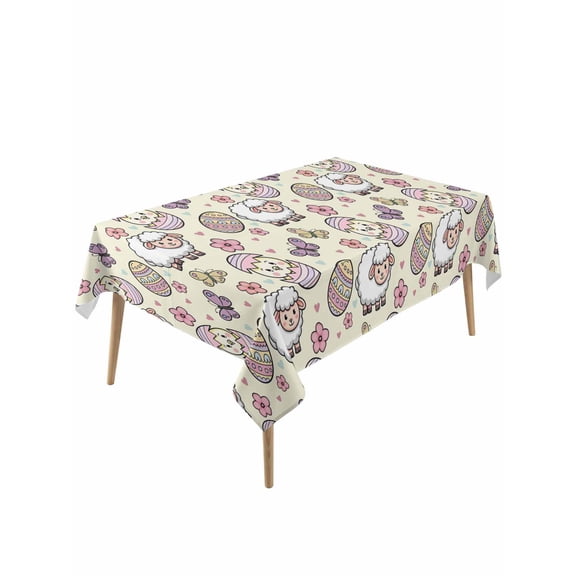 Easter Rectangle Tablecloth, Yellow Spring Sheep Chickens Eggs Floral Butterfly Waterproof & StainResistant Tablecloth, Washable Oil-proof Table Cover for Dining/Party/Wedding/Buffet 60x120 In