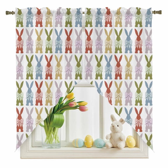 Easter Red Blue Rabbits Swag Kitchen Curtain Valances, Purple Yellow Green Bow Animals Rod Pocket Curtains Window Treatment Decor Valances for Bedroom Bathroom, 2 Panels 36 x 36 Inch