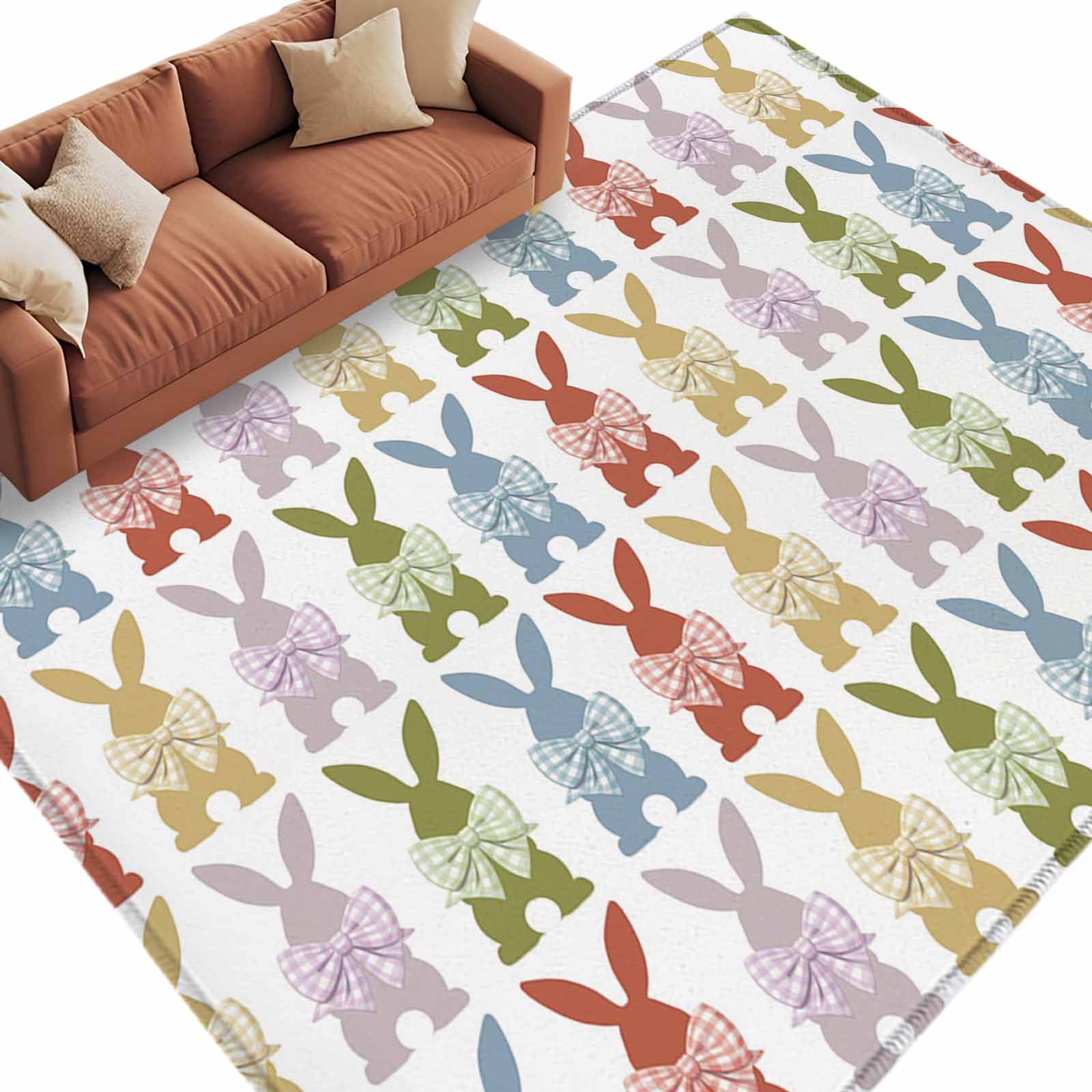 Easter Red Blue Rabbits Washable Area Rug 8 x 10 ft Purple Yellow Green ...