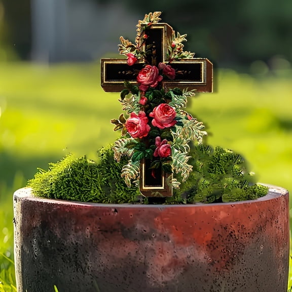 Easter Red Flower Black Cross Yard Stakes Sign 5.7x11.29 Inch Spring Cross Lawn Signs with Red Pomegranate Blossom Outdoor Garden Signs with Stakes Floral Cross Decoration for Courtyard Patio