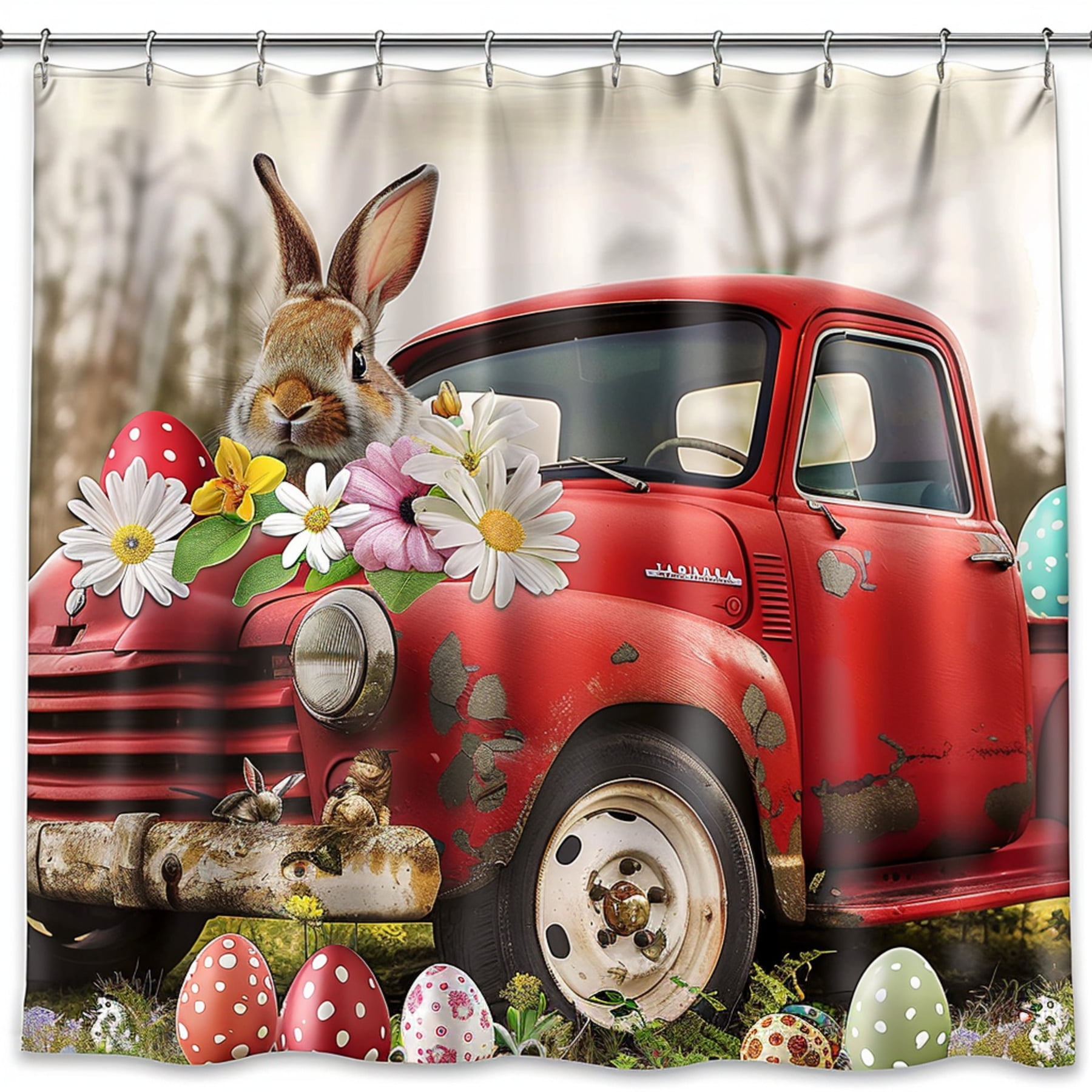 Easter Red Truck Shower Curtain with Bunny and Eggs Hyper Realistic