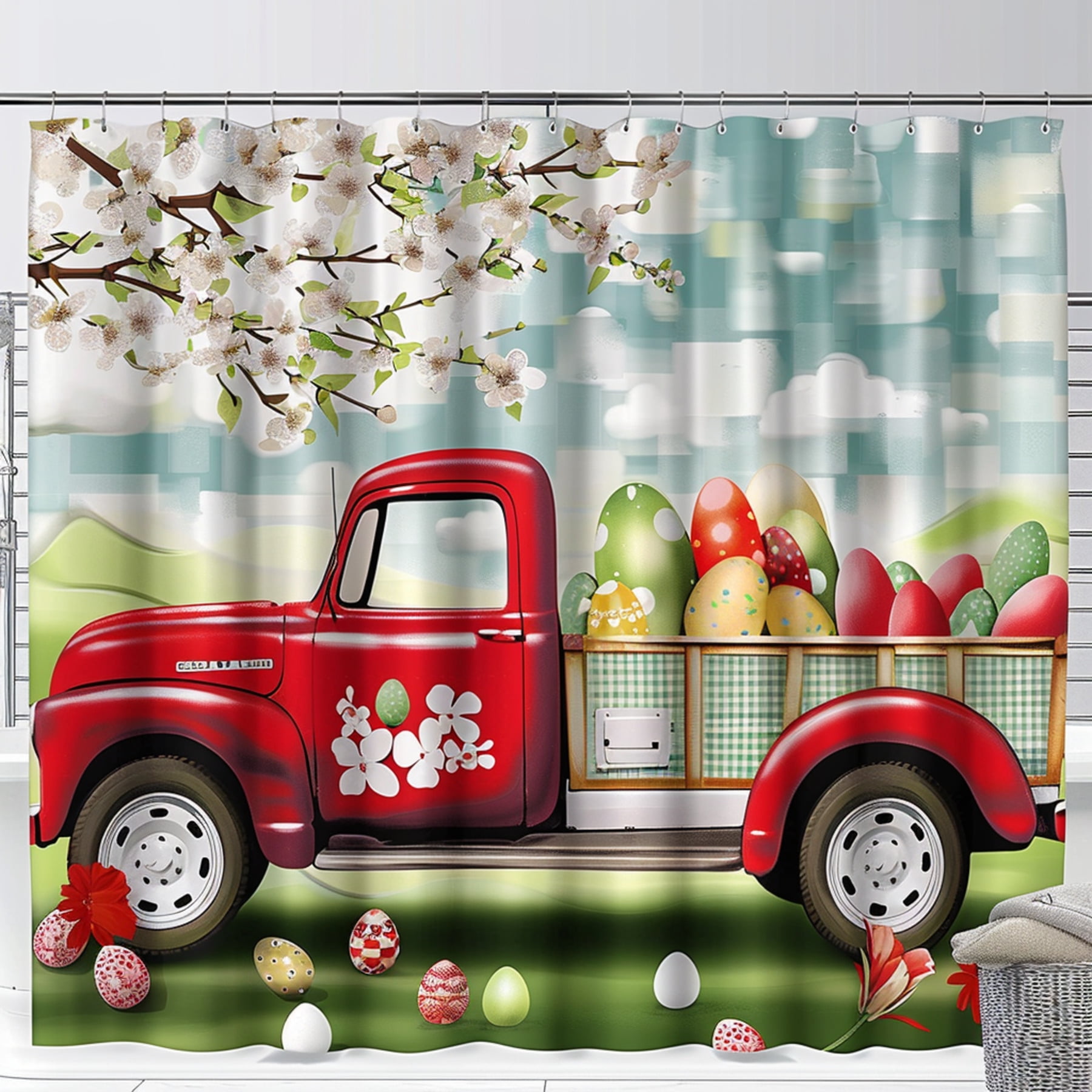 Easter Red Truck Shower Curtain with Eggs and Floral Tree Design Bright