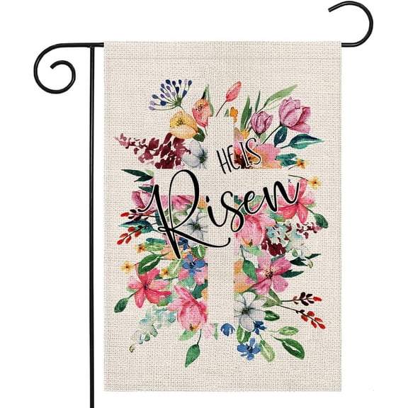 Easter Religious Cross Garden Flag 12x18 Inch Double Sided He is Risen with Flower,Small Seasonal Yard Flag for Farmhouse Holiday Outdoor Outside Decor