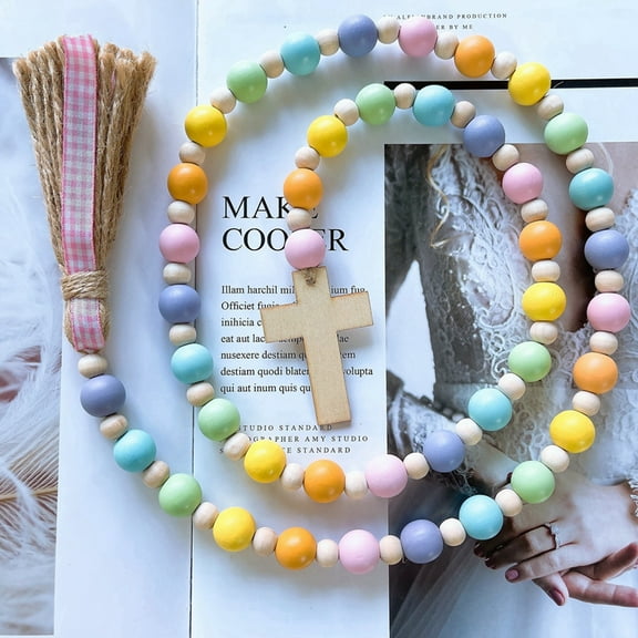 Easter Wooden Bead Garland with Crosses Tassels Country Farmhouse Layered Tray Decoration Country Wall Decoration Colorful Natural Wood Bead Decor Easter Party Home,45.5inch