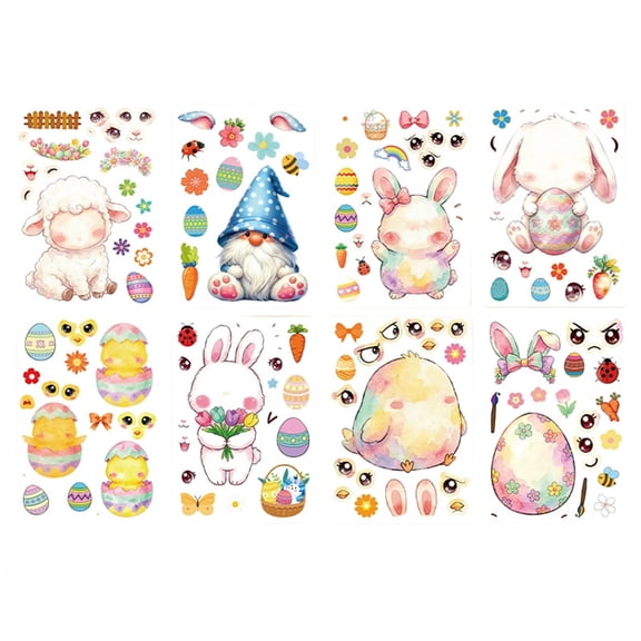 Easter Removable Wall Decals Set with Bunny Chick Lamb Gnome Egg and Floral Patterns for Home Nursery Classroom Decoration