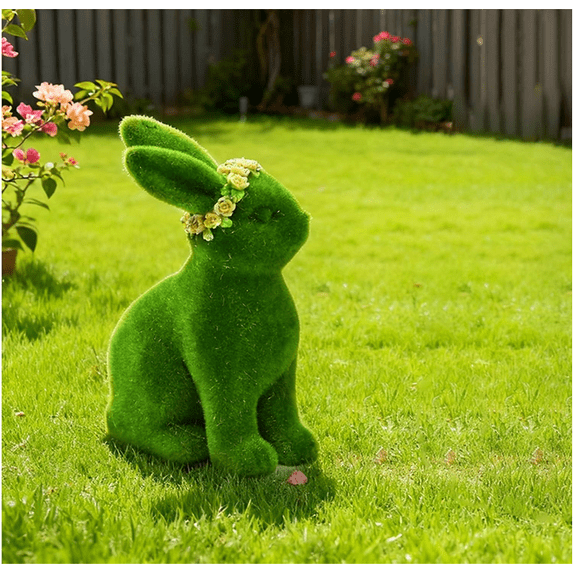 Easter Resin Bunny Figurines Green Moss Bunnies Statue with Flower Crown 7/10in Artificial Furry Flocked Rabbit Tabletop Ornament for Spring Home Party Supplies - (Bunny_7.28")