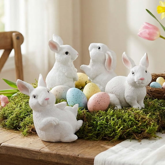 Easter Resin Bunny Ornaments Set Of Four for Window Table Top Decor Spring Home Easter Party Decoration Cute Rabbit Figurines