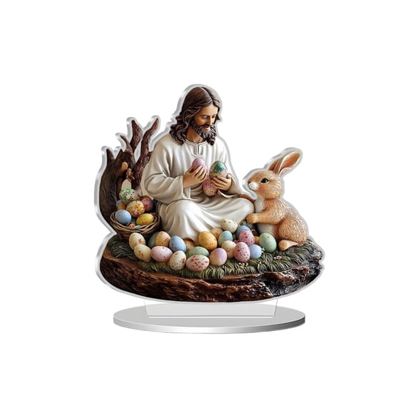 Easter Resin Figurine Jesus with Rabbit and Eggs Religious Tabletop Decoration for Home Office Church Display Ornament