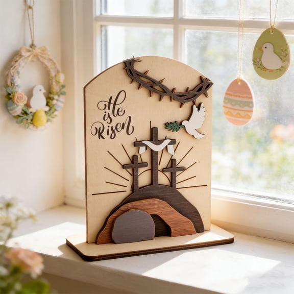 Easter Resurrection Decor Wooden Empty Tomb Scene Tray Set, Christian Religious Tabletop Nativity Style Decoration for Home, Church, Mantel and Gifts