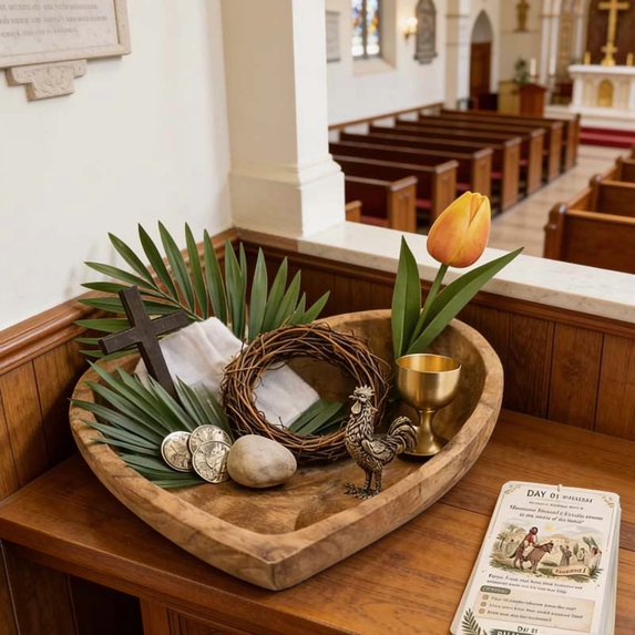 Easter Resurrection Remembrance Kit, Handcrafted Polished Wooden Bowl with Holy Week Religious Symbols Keepsake Set, Thoughtful for Gifting Home Tabletop Shelf Mantel Decor