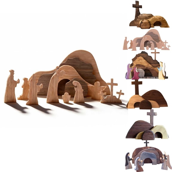 Easter Resurrection Scene & Cross Set Wooden Decoration,Wooden Empty Tomb Cross Figures Easter Tabletop Scene Decor,Jesus Resurrection Set for Easter Decoration (B)